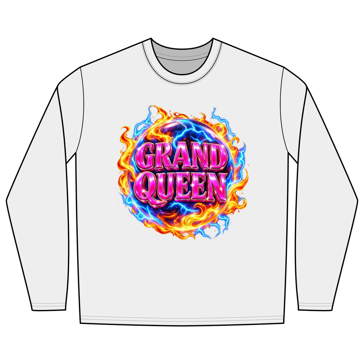 GRAND QUEEN long sleeve slot machine T-shirt featuring a bold casino-inspired graphic celebrating grand jackpots
