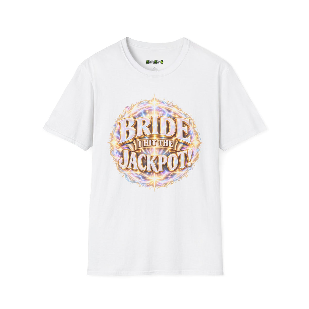 BRIDE I HIT THE JACKPOT! casino-themed wedding T-shirt featuring a playful slot machine-inspired design celebrating the lucky bride