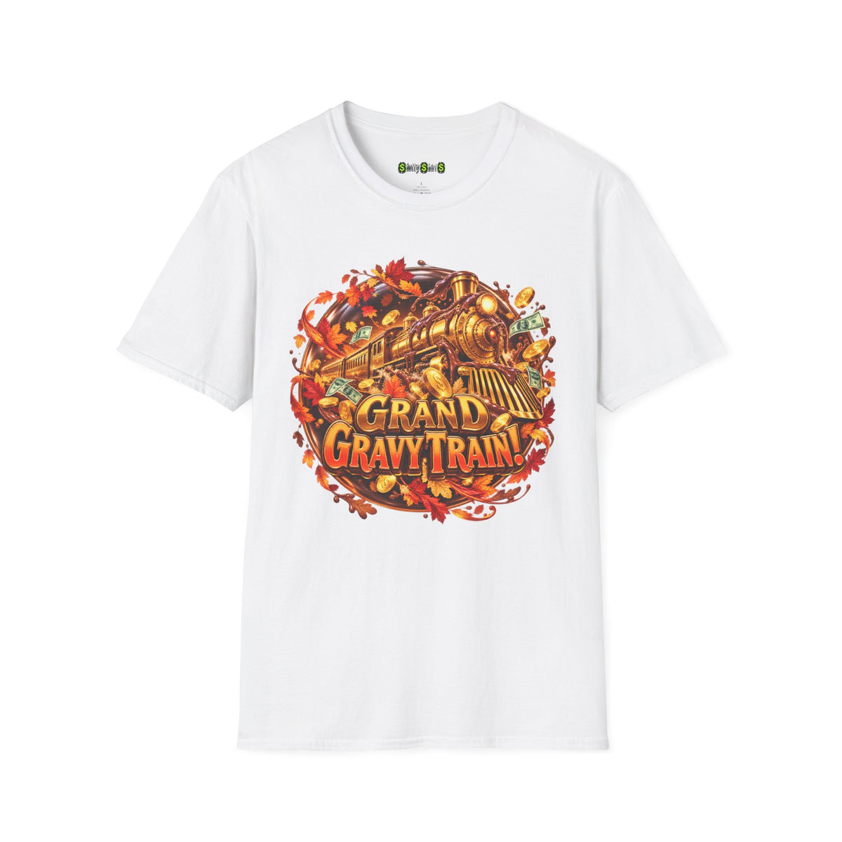 GRAND GRAVY TRAIN! Thanksgiving slot machine T-shirt featuring a golden gravy train, flying cash, coins and autumn leaves