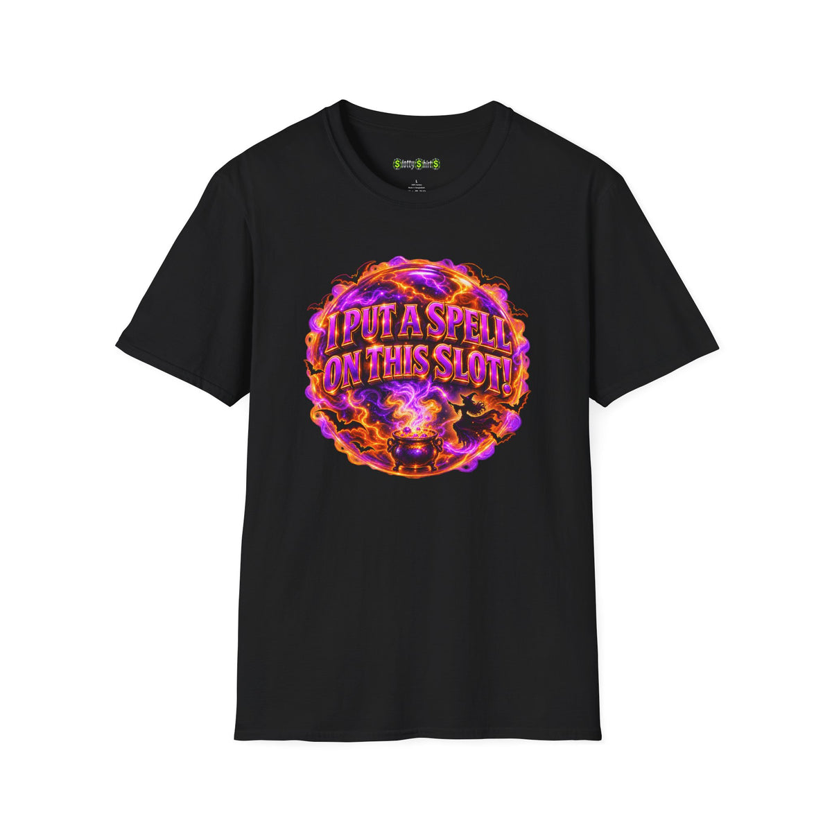 I PUT A SPELL ON THIS SLOT! Halloween casino T-shirt featuring a witch, bubbling cauldron, bats and purple-orange slot machine artwork