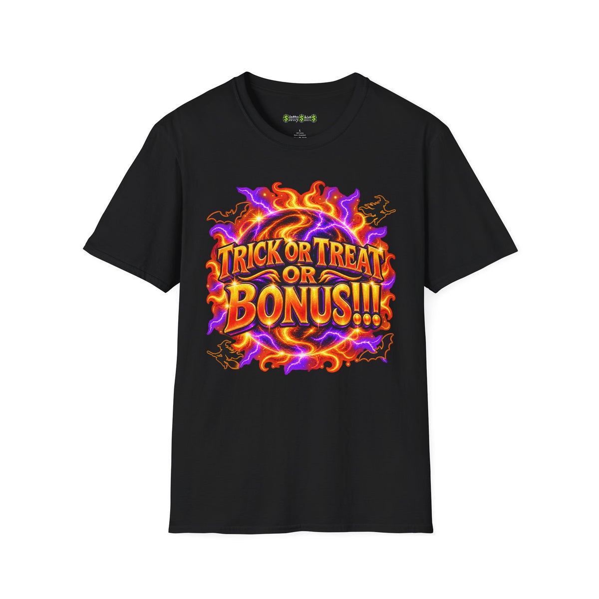 TRICK or TREAT or BONUS!!! Halloween slot machine T-shirt featuring witches on broomsticks, bats and glowing purple-orange casino artwork