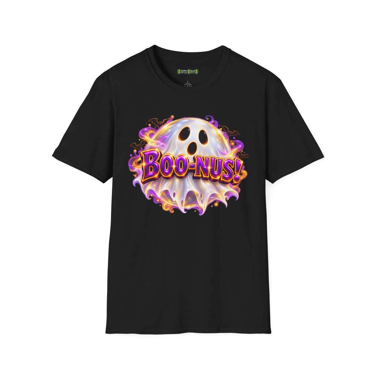 BOO-NUS! Halloween slot machine T-shirt featuring a playful ghost surrounded by glowing purple and orange casino-themed artwork
