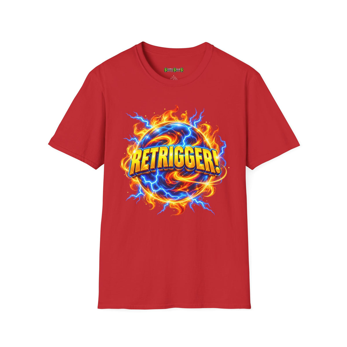 RETRIGGER! slot machine graphic T-shirt featuring bold casino-themed lettering inspired by retriggering bonus spins
