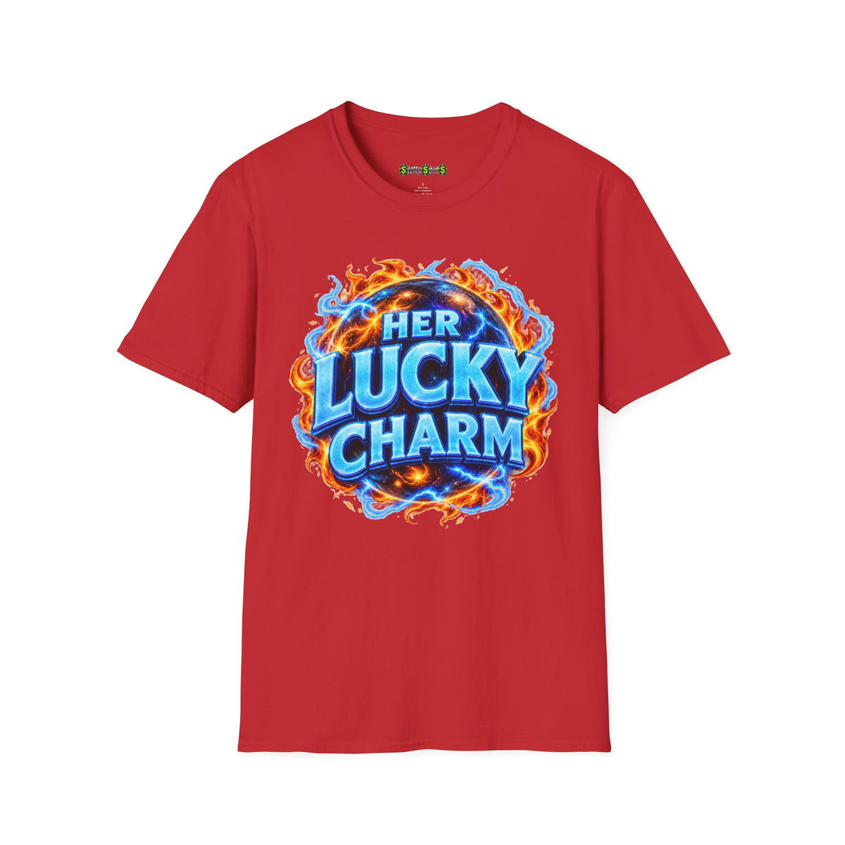 HER LUCKY CHARM casino couples T-shirt featuring a lucky charm slogan for matching slot machine outfits