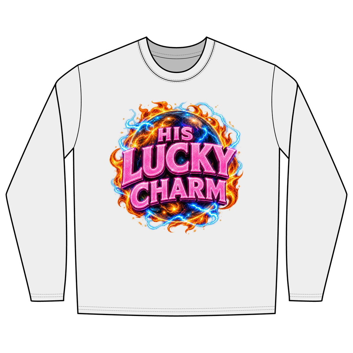 HIS LUCKY CHARM long sleeve casino T-shirt featuring a lucky charm slogan for matching slot machine couples outfits