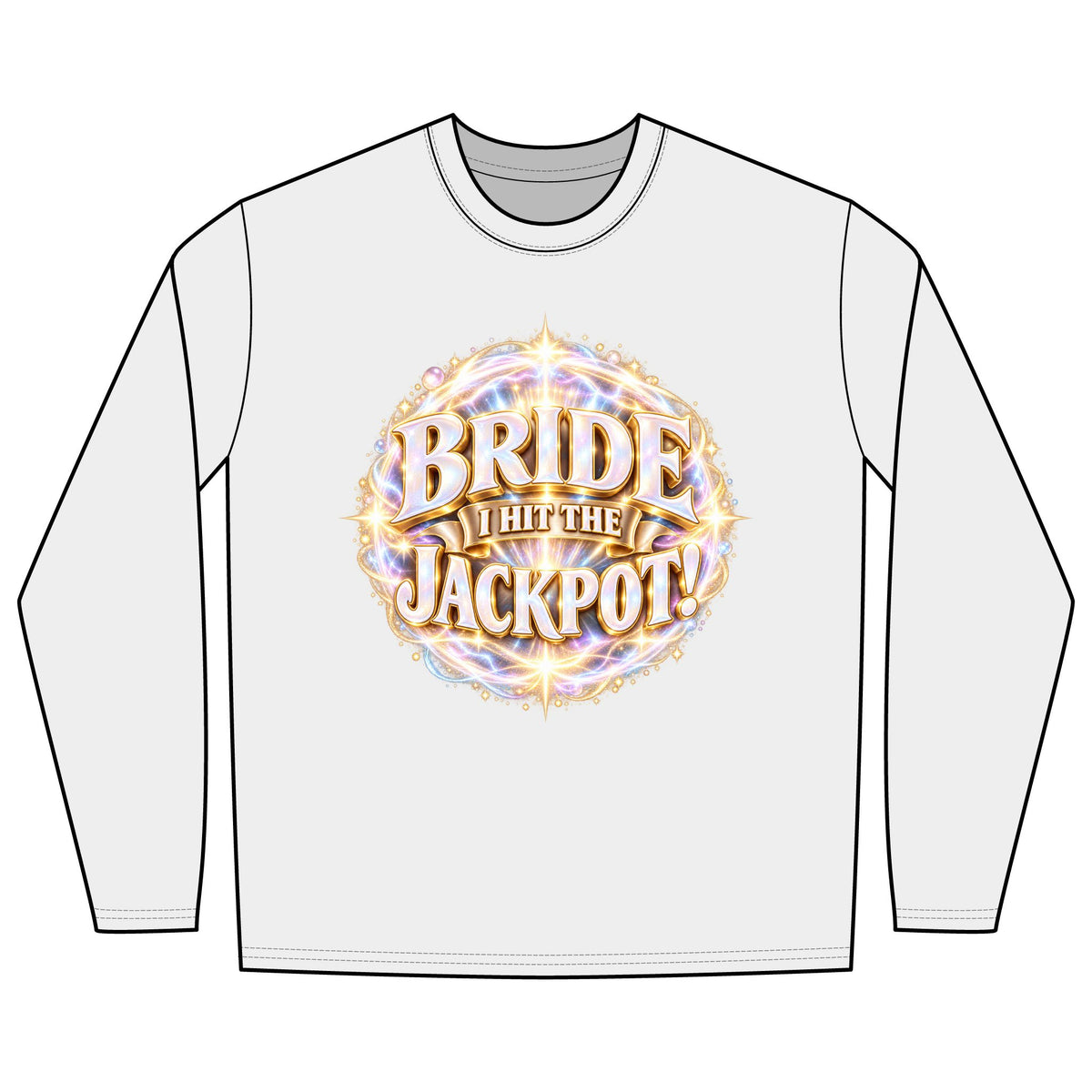 BRIDE I HIT THE JACKPOT! long sleeve casino wedding T-shirt featuring a playful slot machine-inspired design celebrating the lucky bride