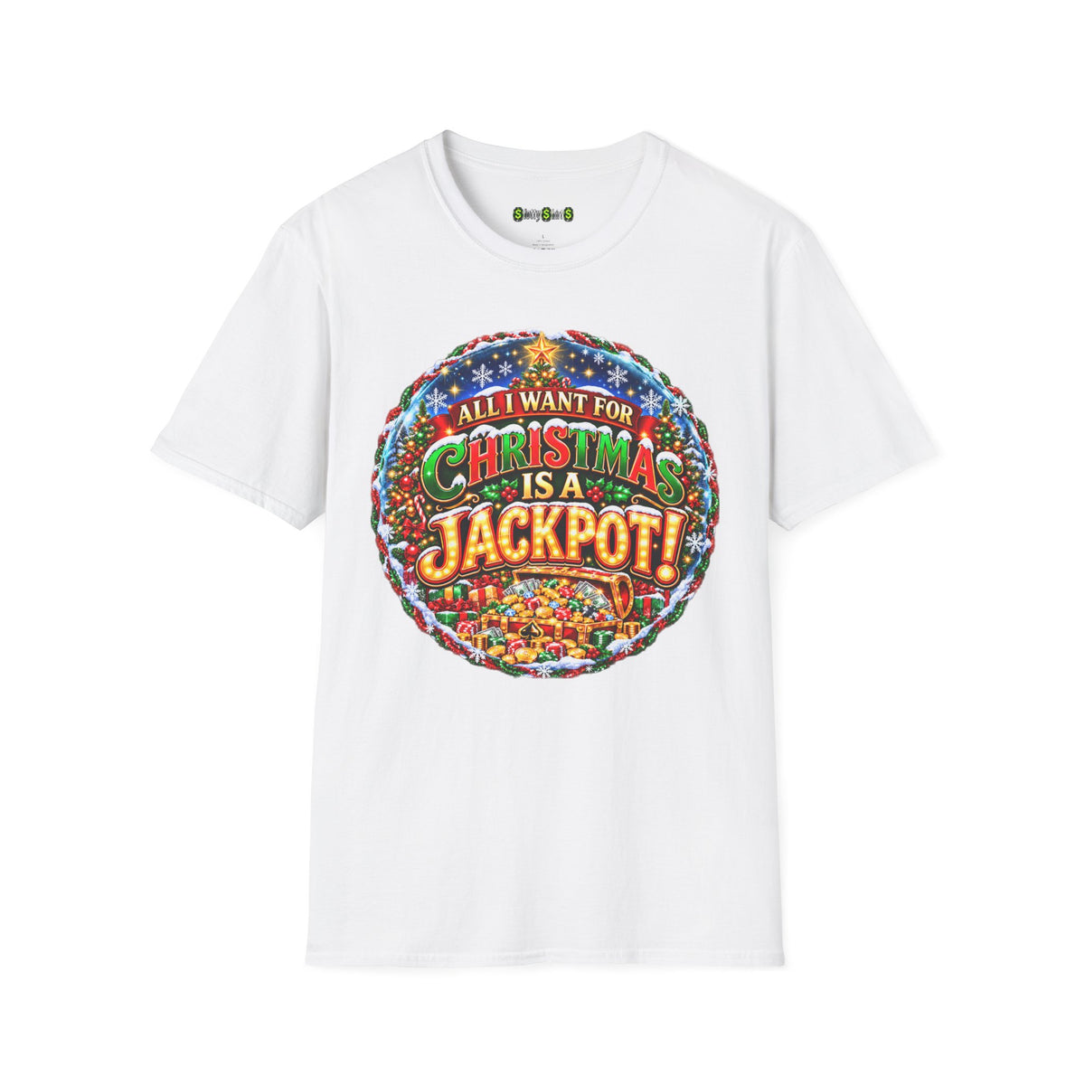ALL I WANT FOR CHRISTMAS IS A JACKPOT! holiday slot machine T-shirt featuring festive Christmas and casino-themed graphics