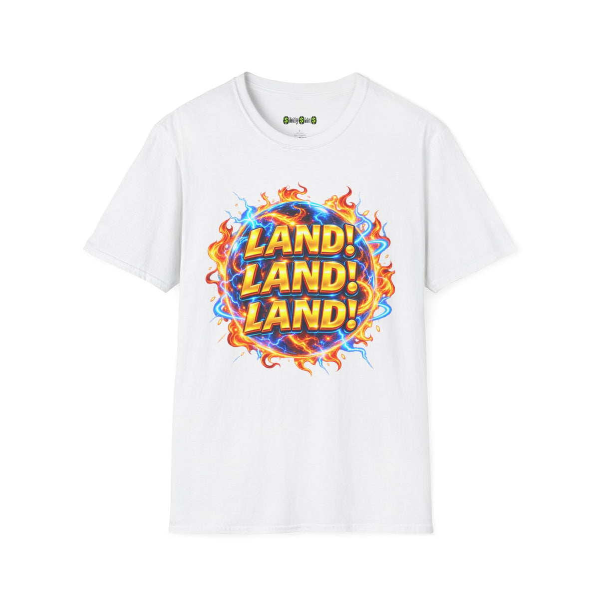 LAND! LAND! LAND! slot machine graphic T-shirt featuring a casino-inspired design celebrating the excitement of landing a bonus