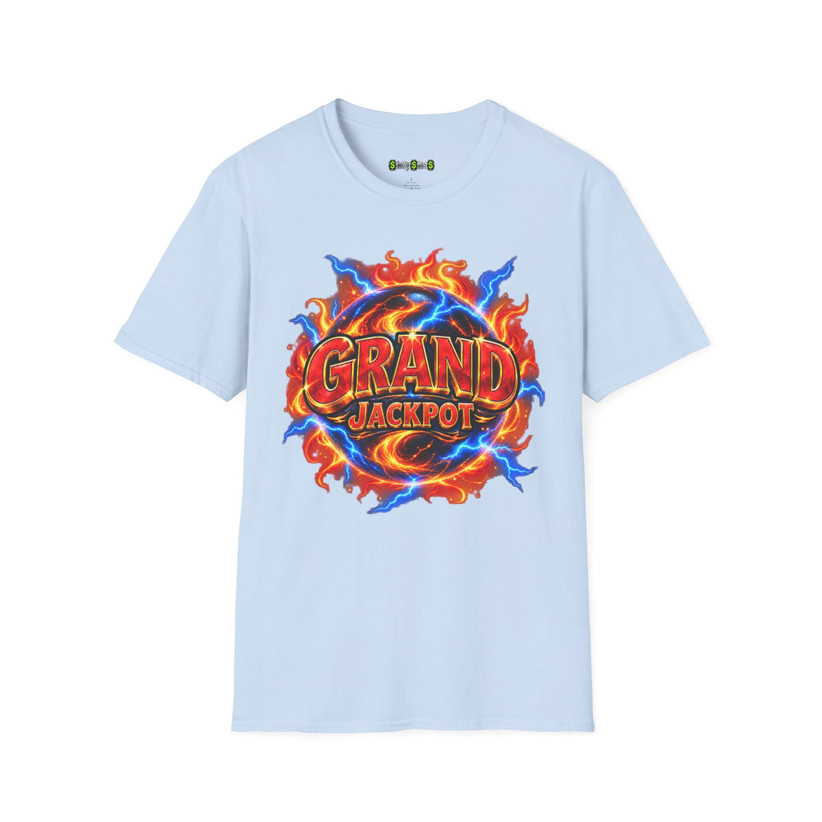 GRAND JACKPOT slot machine graphic T-shirt featuring bold jackpot lettering with a black outline and casino-inspired artwork