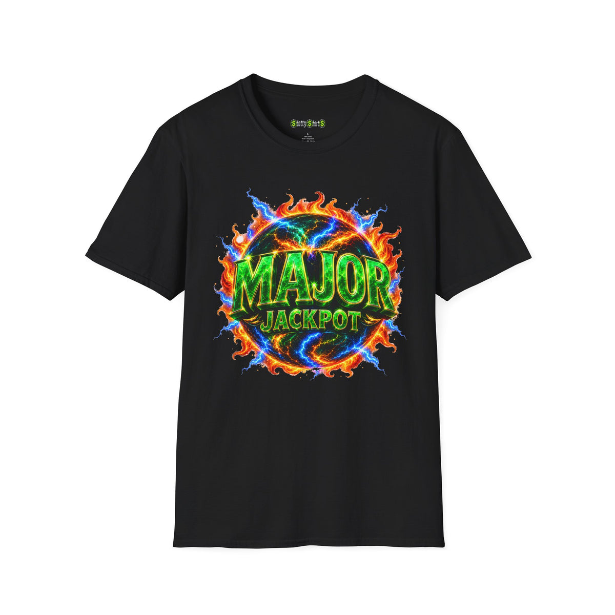 MAJOR JACKPOT slot machine graphic T-shirt featuring bold jackpot lettering and casino-inspired artwork