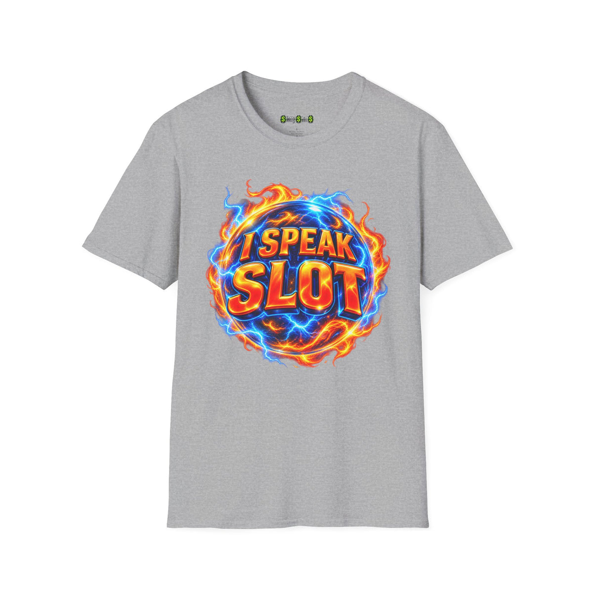 I SPEAK SLOT funny casino graphic T-shirt featuring bold slot machine-themed lettering for slot enthusiasts