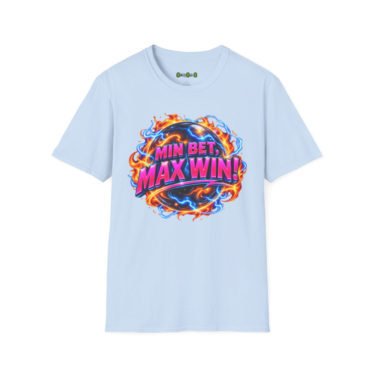 MIN BET, MAX WIN! slot machine graphic T-shirt featuring bold casino-themed lettering celebrating big wins on small bets