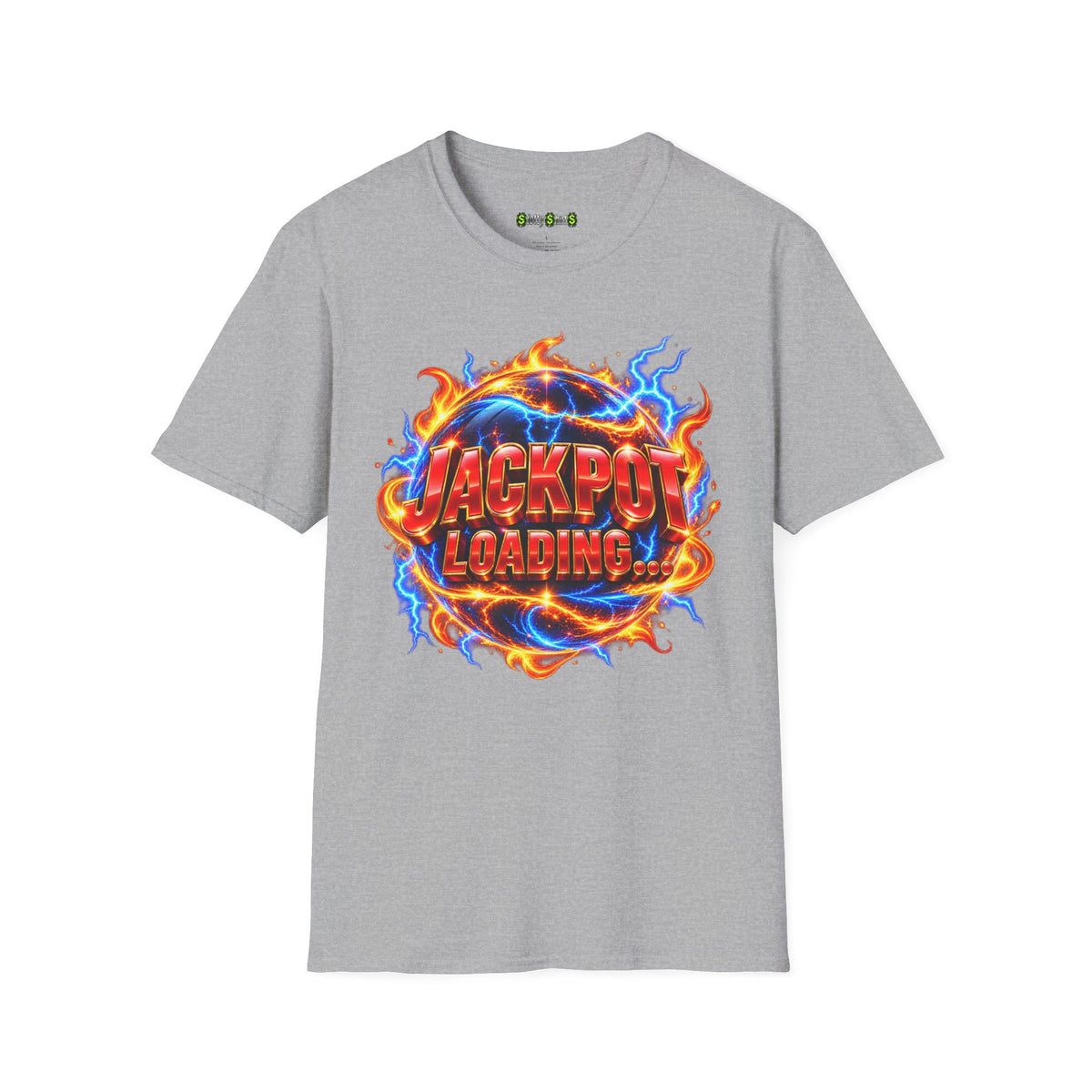 JACKPOT LOADING... slot machine graphic T-shirt featuring a playful casino slogan about anticipating a big jackpot win