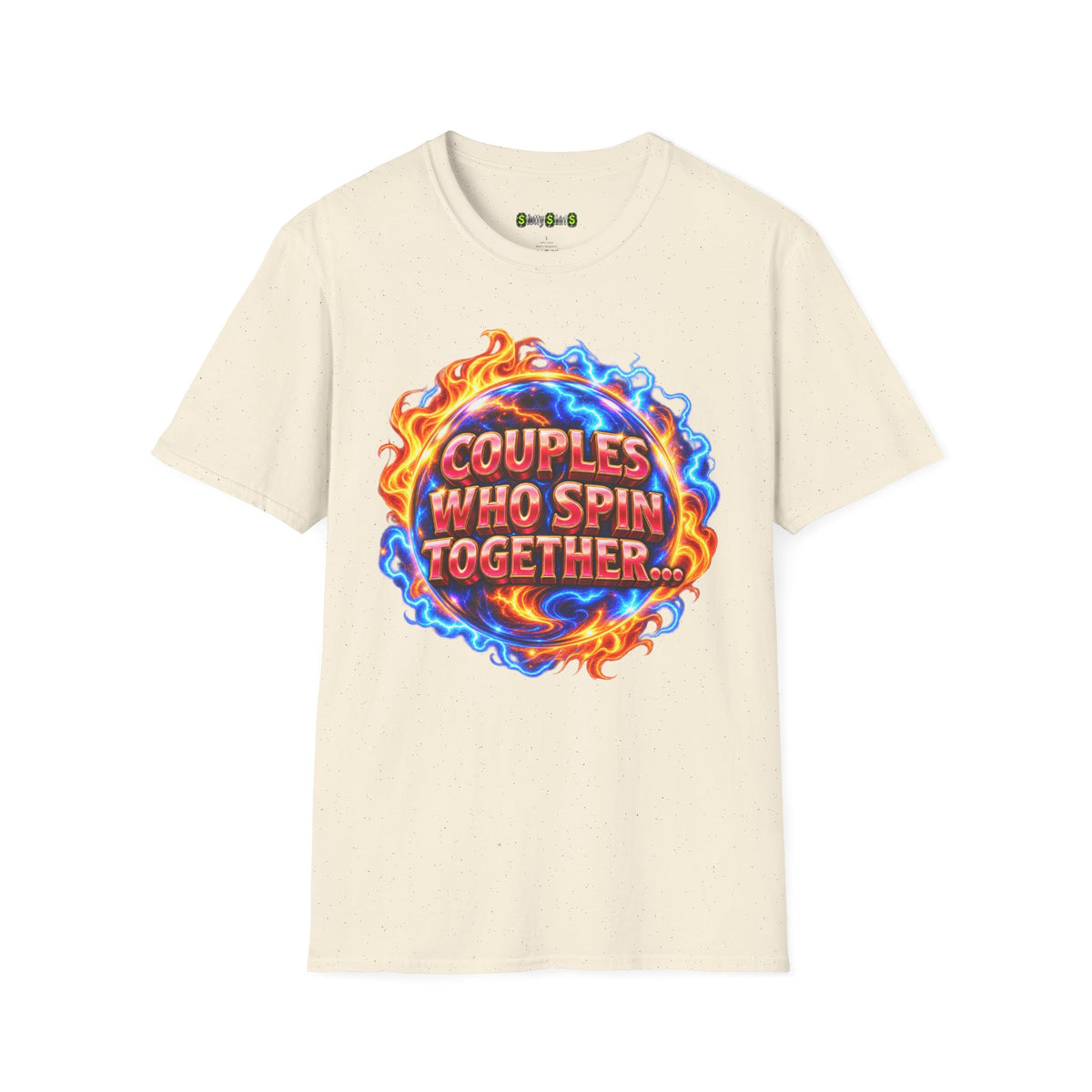 Couples Who Spin Together... casino couples T-shirt featuring a playful slot machine-themed slogan for partners who love playing slots