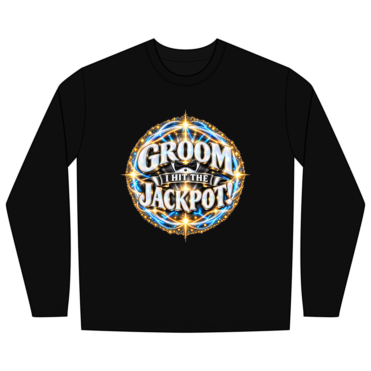 GROOM I HIT THE JACKPOT! long sleeve casino wedding T-shirt featuring a playful slot machine-inspired design celebrating the lucky groom