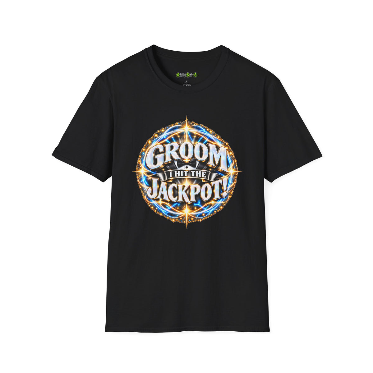 GROOM I HIT THE JACKPOT! casino wedding T-shirt featuring a playful slot machine-inspired design celebrating the lucky groom