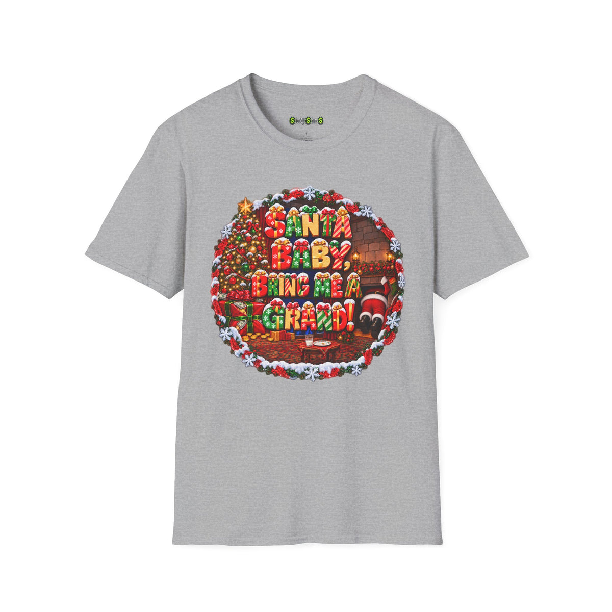 SANTA BABY, BRING ME A GRAND! Christmas slot machine T-shirt featuring festive jackpot-themed artwork