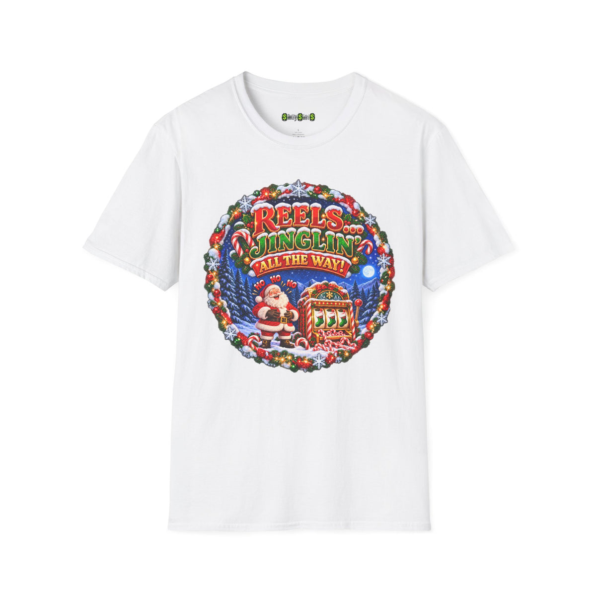 REELS... JINGLIN' ALL THE WAY! Christmas slot machine graphic T-shirt with festive casino-themed artwork